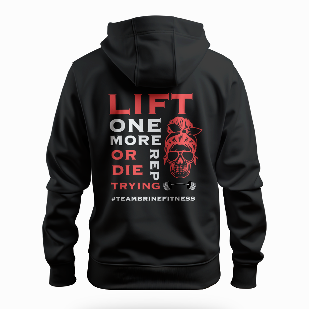Female Skull Lift One More Rep or Die Trying Zip Hoodie - Red Back Design