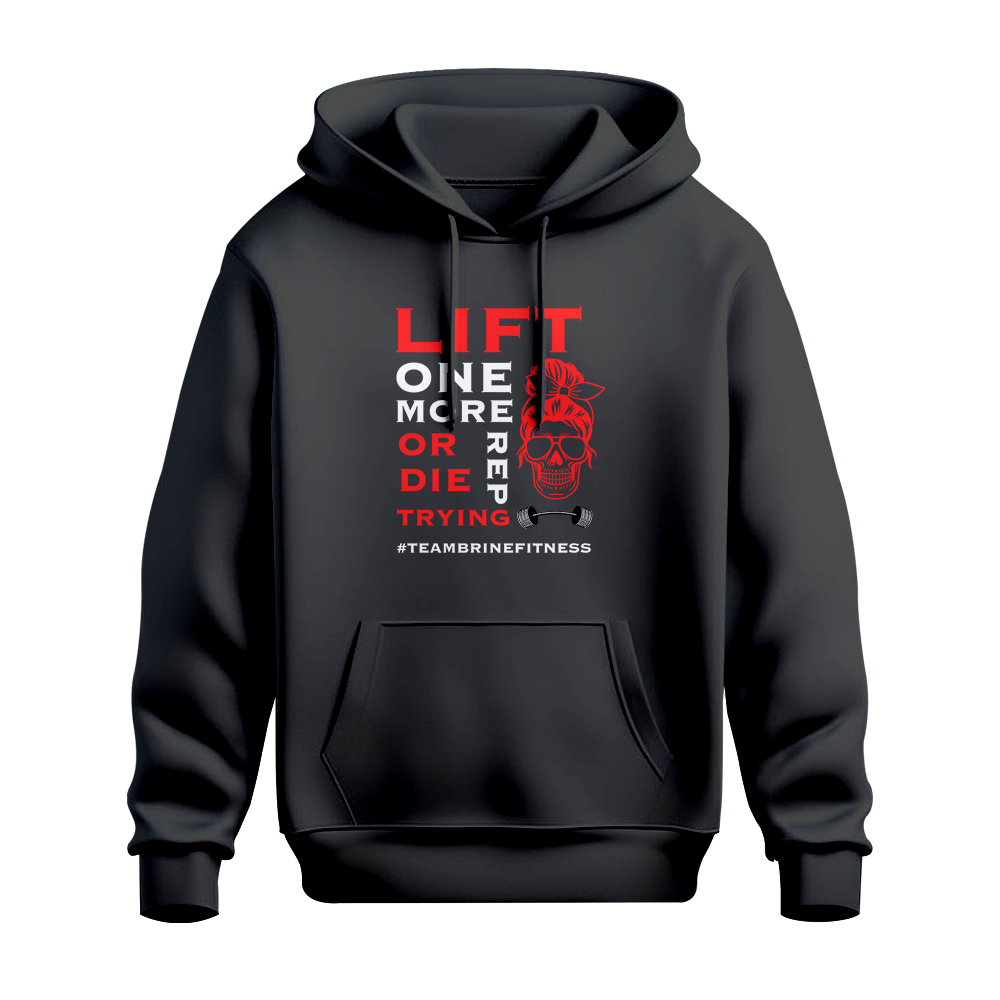 Female Skull Lift One More Rep or Die Trying Hoodie - Red Front Design